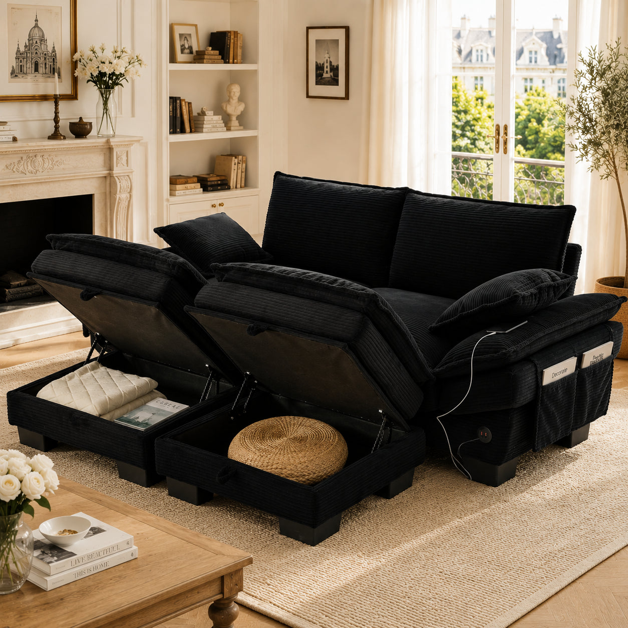 Modular 2-seater Corduroy Sofa  With 2 Stools Wide Seat, Ergonomic Design, High-density Foam Padding, USB-C Port And Side Pockets. Ideal For The Living Room, Office Or Lounge.Black