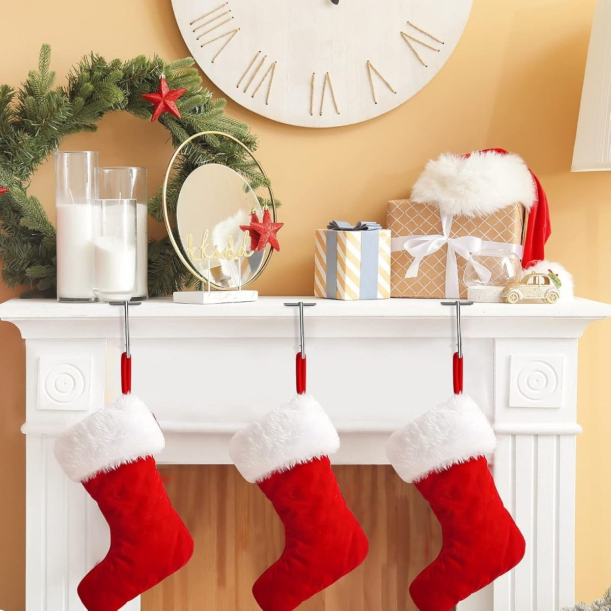 Set Of 4 Christmas Stocking Hooks - Square Hangers For Festive Decorations - Office Organization - Desk Labels