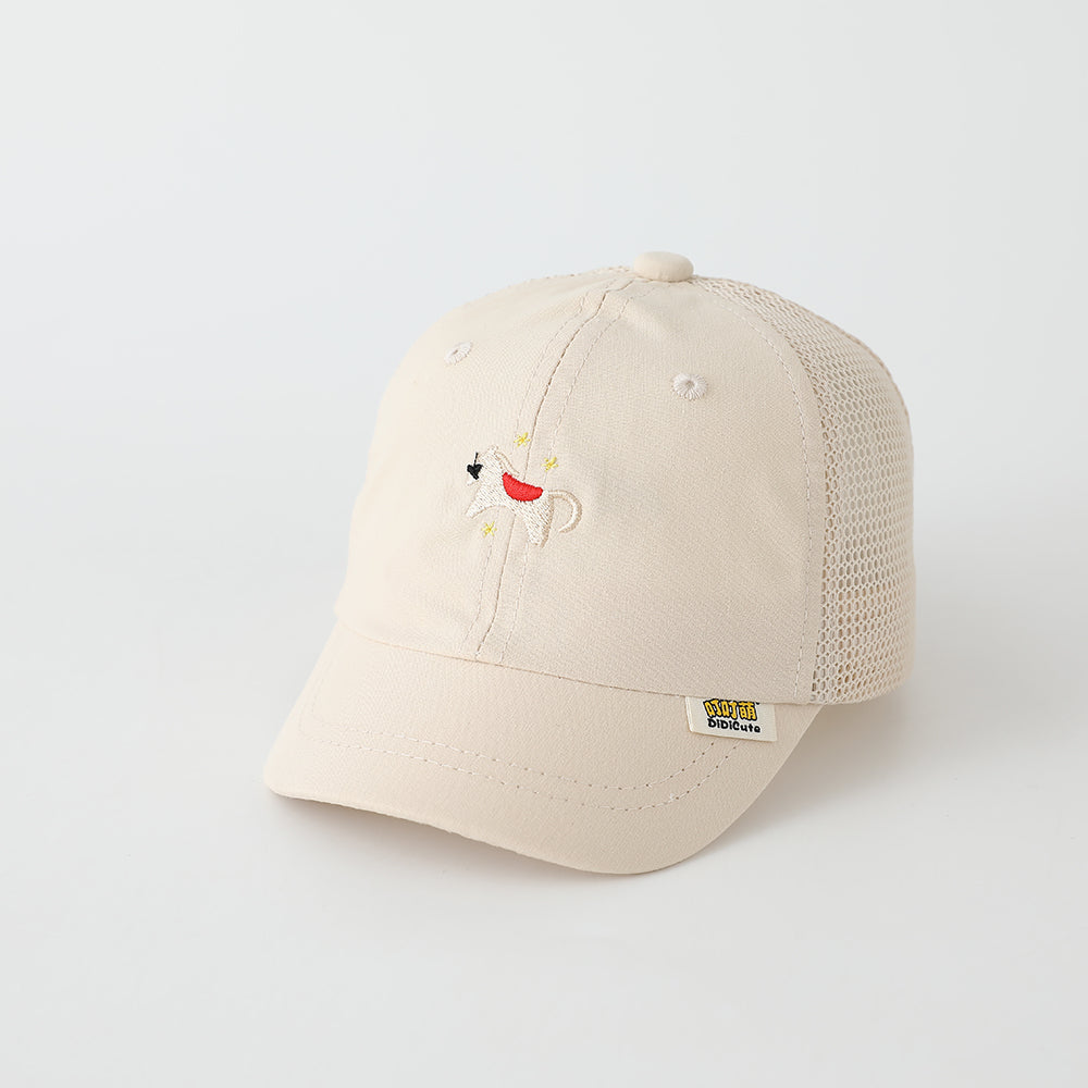 The Summer Baby Beige Cartoon Animal Embroidered Mesh Breathable Baseball Cap Is Suitable For Children's Daily Streetwear And Outdoor Sun Protection And Shading.