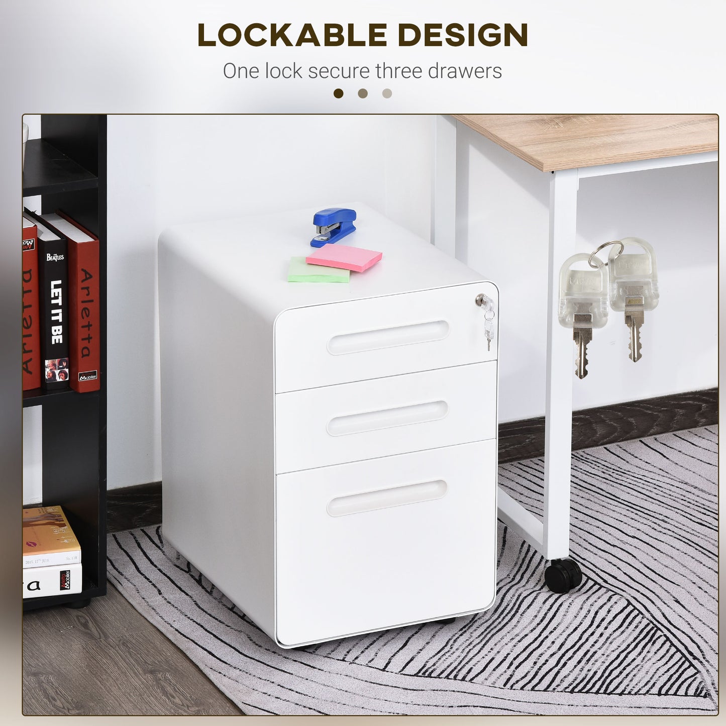 Vinsetto Lockable File Cabinet With 3 Drawers, Vertical Office Drawer For A4, Letter, Legal Size, Anti-tilt Design, Pre-Assembled Body, White