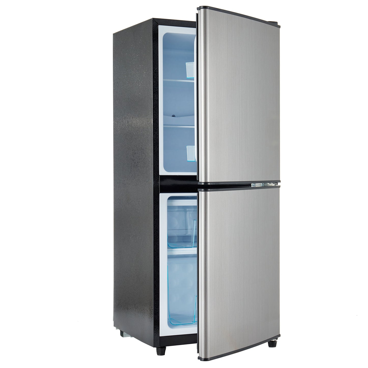 106L Energy-saving Mini Fridge, 60 L Fridge  46 L Freezer, 7 Temperature Settings, Silver Door  Black Body, LED Lighting, Adjustable Shelves, 166 KWh Year, 45 DB
