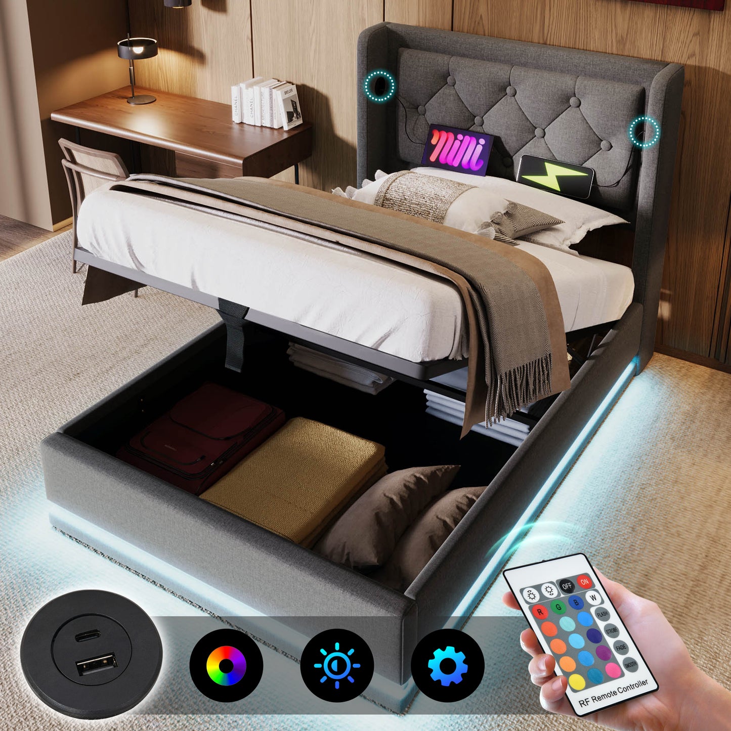 Sofa Bed Single Bed 90x200 Cm, Grey Cotton-Material Hydraulic Storage Bed, Cushioned Headboard With USB Type-C Charging Function, 3-sided LED Function Without Mattress