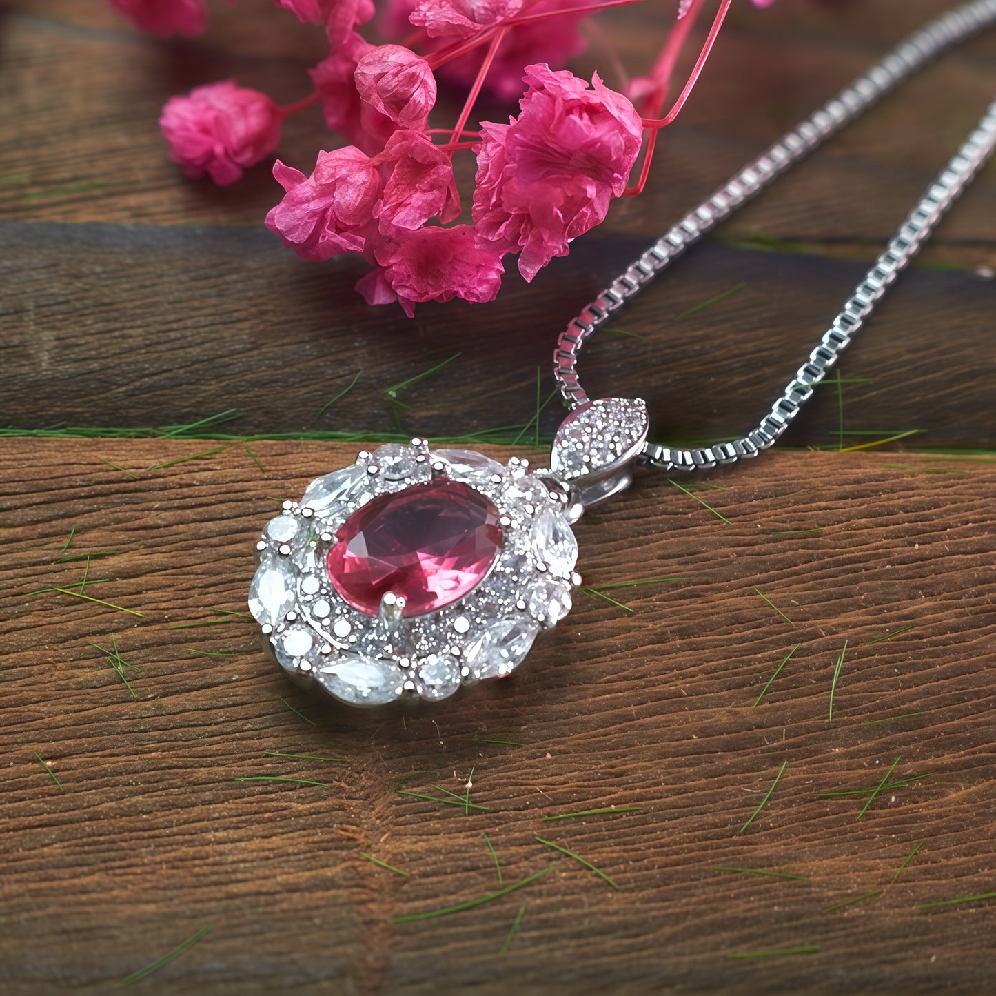 Oval Cut Hot  CZ Double Halo Pendant Necklace For Women, Copper Plated Silver White Cubic Zirconia Vintage Floral Halo Wedding Bridal Statement Jewelry Gift