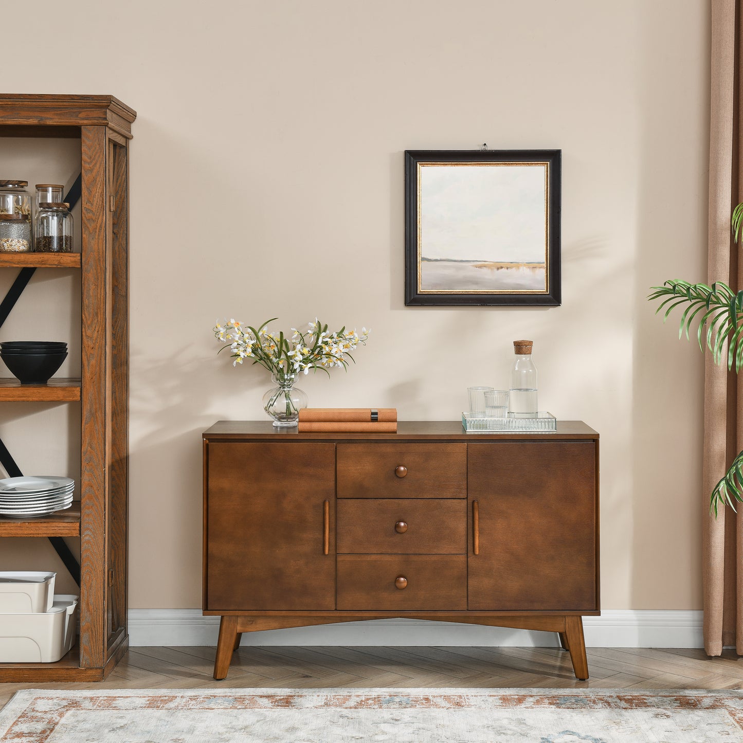 47.3  Mid Century Modern Sideboard Buffet Cabinet With Storage, Storage Cabinet With 2 Doors And 3 Drawers For Kitchen Dining Living Room, Accent Console Table, Walnut