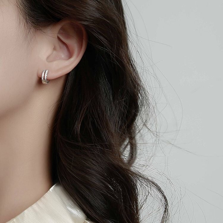 1pcs 999 Sterling Silver Double Band Zircon Hoop Earrings, Luxury Trendy Style, Ideal For Birthday & Holiday Gifts