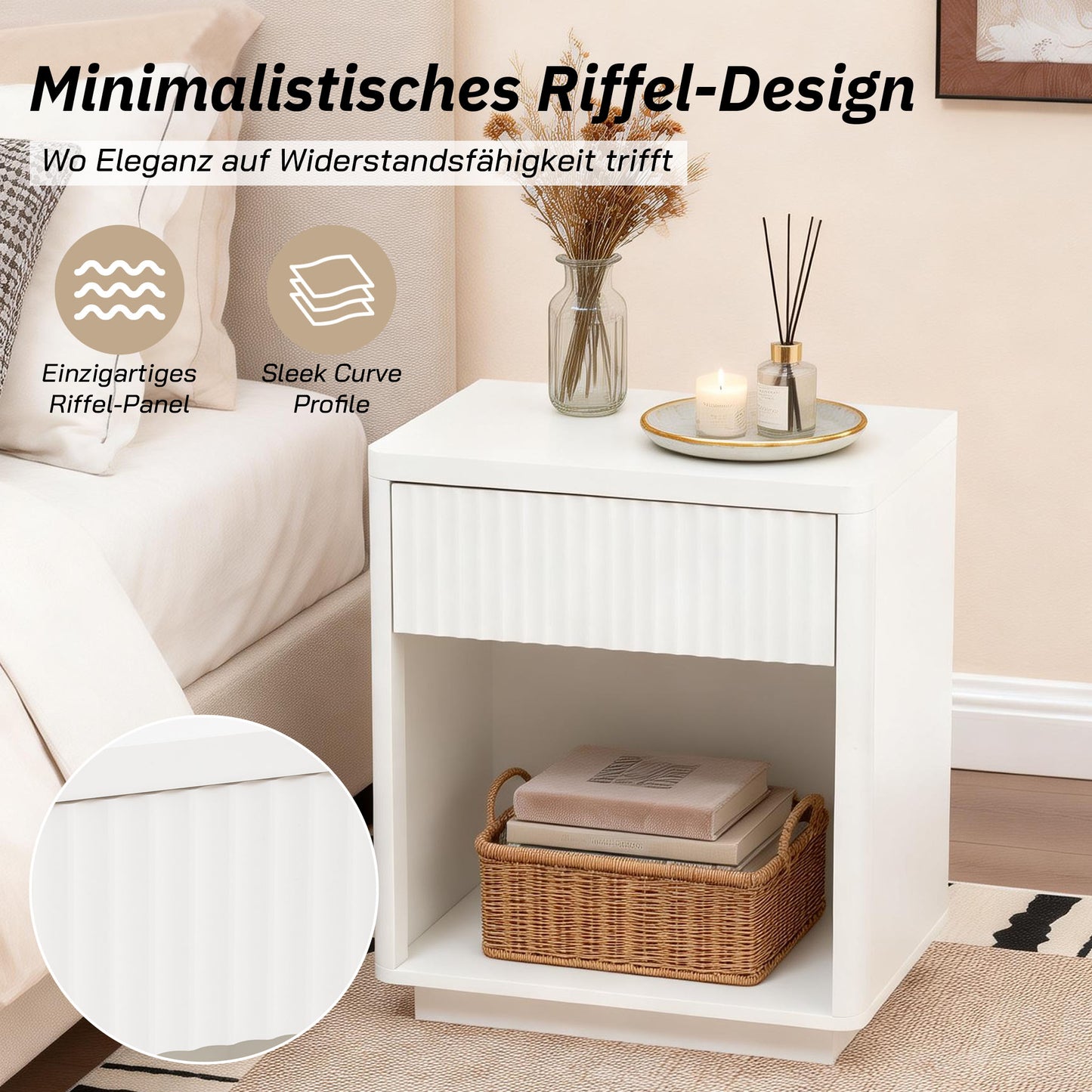 Nightstand With Drawer & Open Shelf, Modern Bedside Table With Ripple Panel Design, Sturdy Wood End Table For Bedroom Living Room Office  Easy Assembly