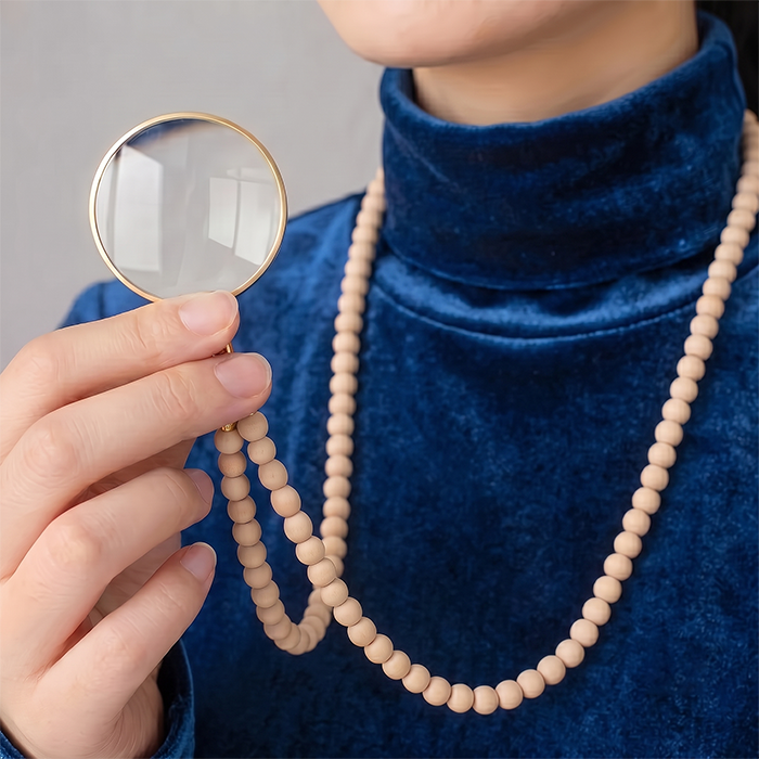 Retro Magnifying Glass Necklace With Natural Wood Beads - Long Adjustable Reading Magnifier Pendant - Vintage Boho Gift For Book Lovers Men Women
