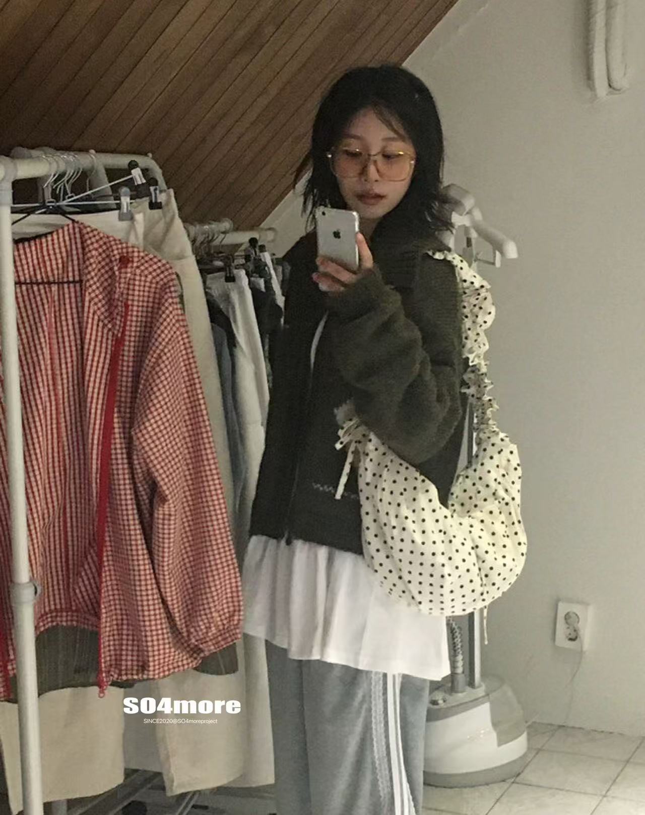 Retro Polka-Dot Korean Instagram-Style Niche Cute Lace-Up Pleated Shoulder Bag