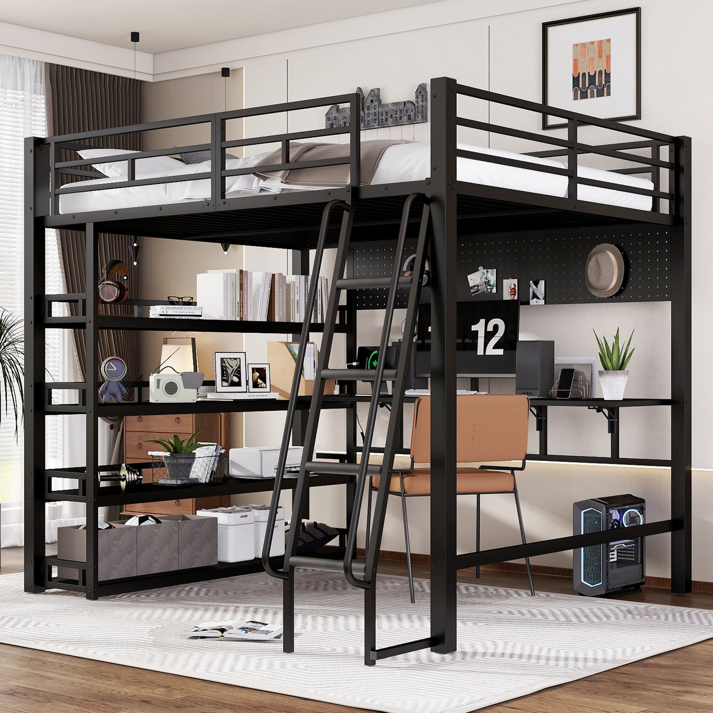Iron Bed, Loft Bed, With Shelves And Plenty Of Storage Space, Equipped With Charging Port, Four-step Inclined Ladder, Can Hang Objects, Iron  Chipboard, Black, 140x200cm