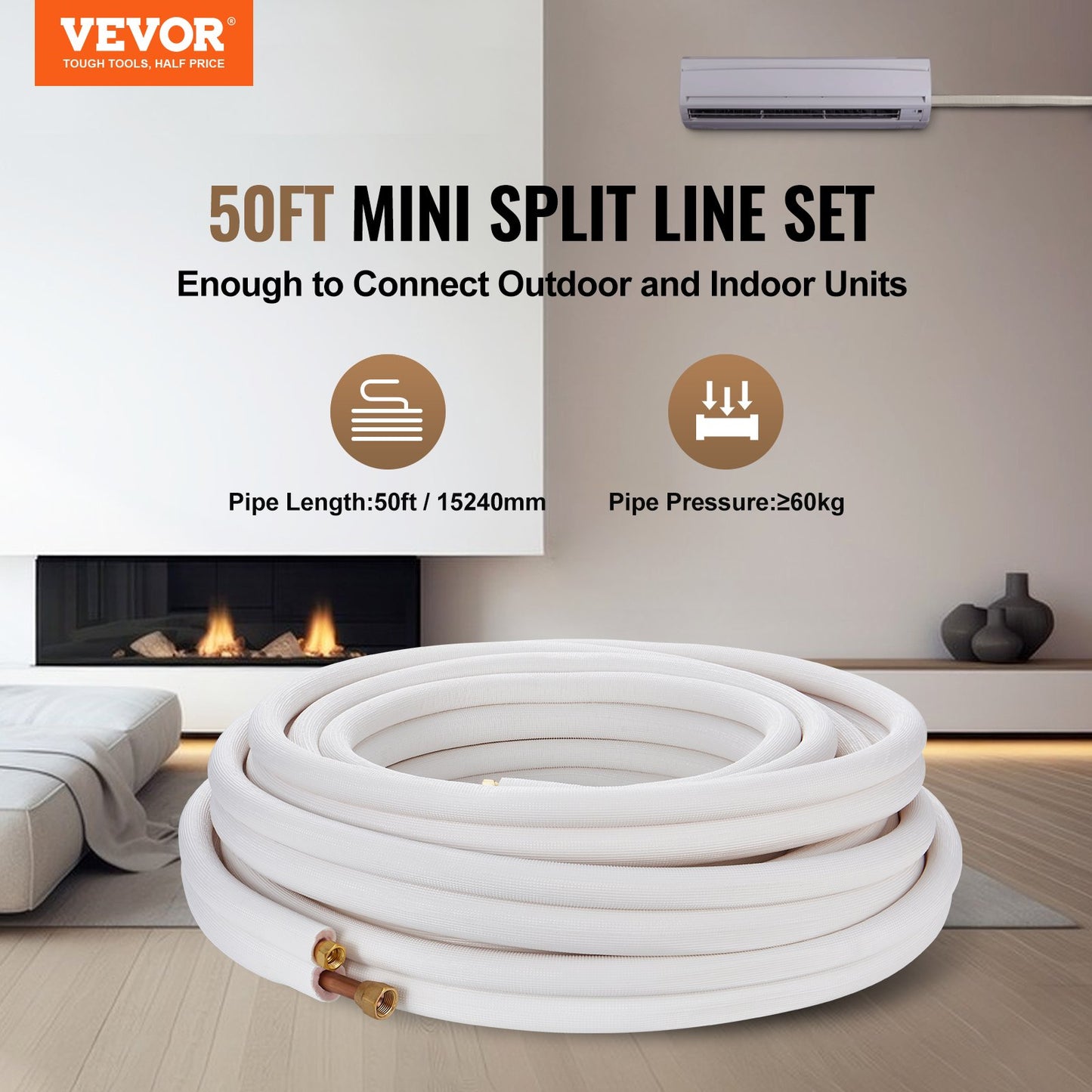 50FT Mini Split Line Set, 3/8" & 5/8" O.D Copper Pipes Tubing And Triple-Layer Insulation, For Mini Split Air Conditioning Refrigerant Or Heating Pump Equipment & HVAC With Wrapping Strips.
