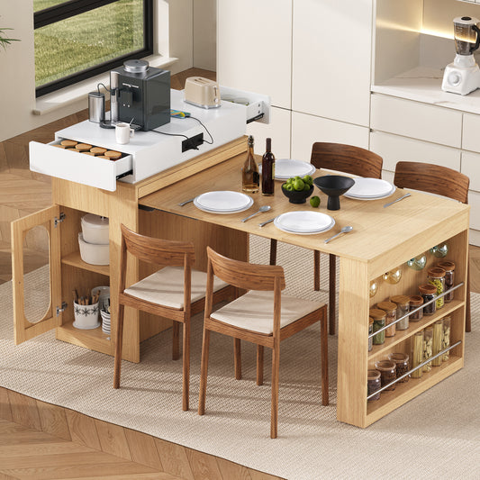 VIDEO TREXM Extendable Dining Table With Folding Tabletop  Bar Table With Drawers And Power Outlet  Kitchen Island With Wheels And Hooks  Sideboard For Kitchen And Dining Room  Natural Creamy White