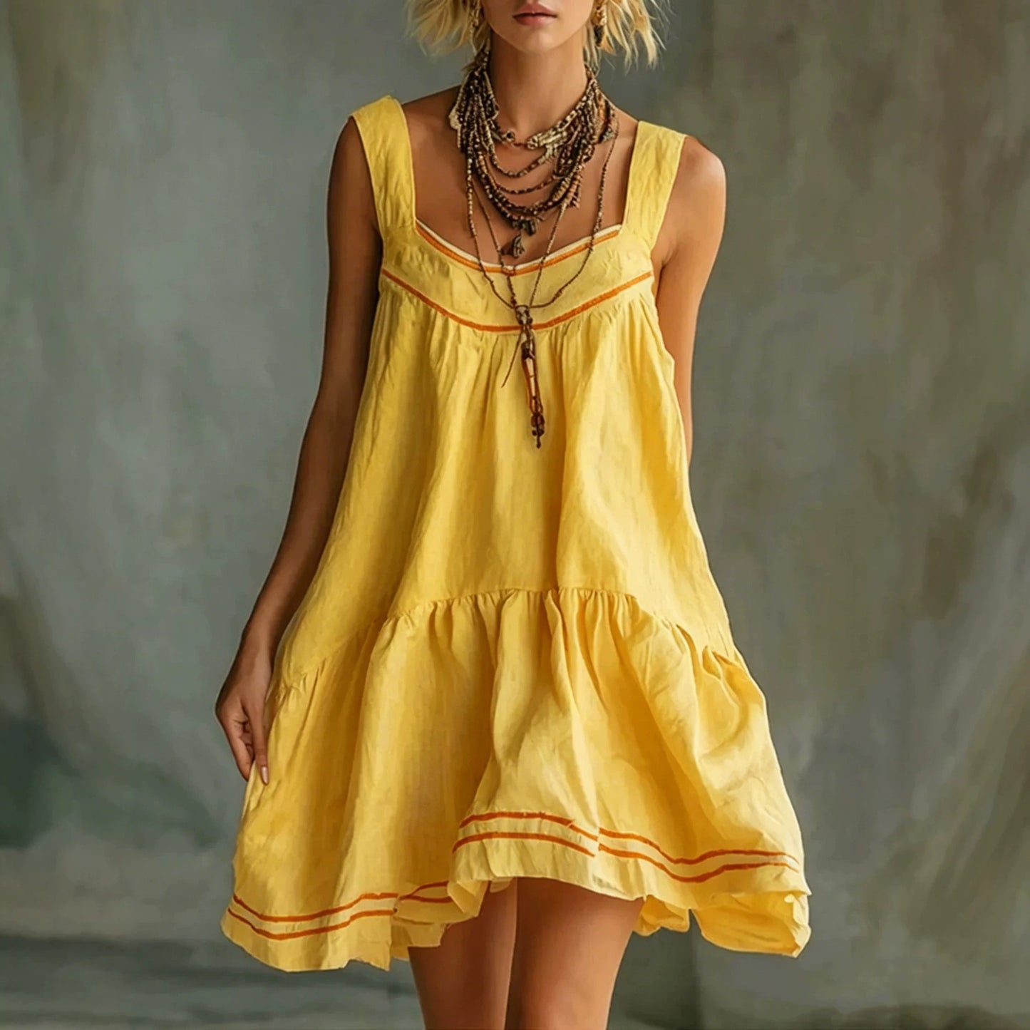 New Retro Casual Chic Embossed Comfortable Solid-color Cotton-linen Mini Slip Dress