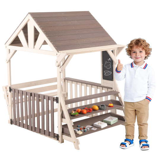 House-Shaped Outdoor Wooden Kitchen Playset With Rainproof Roof And Half-Height Railings, With A Multi-Purpose Plant And Toy Shelf, Suitable For Children 3 Years And Older, Outdoor Playhouse  Grey