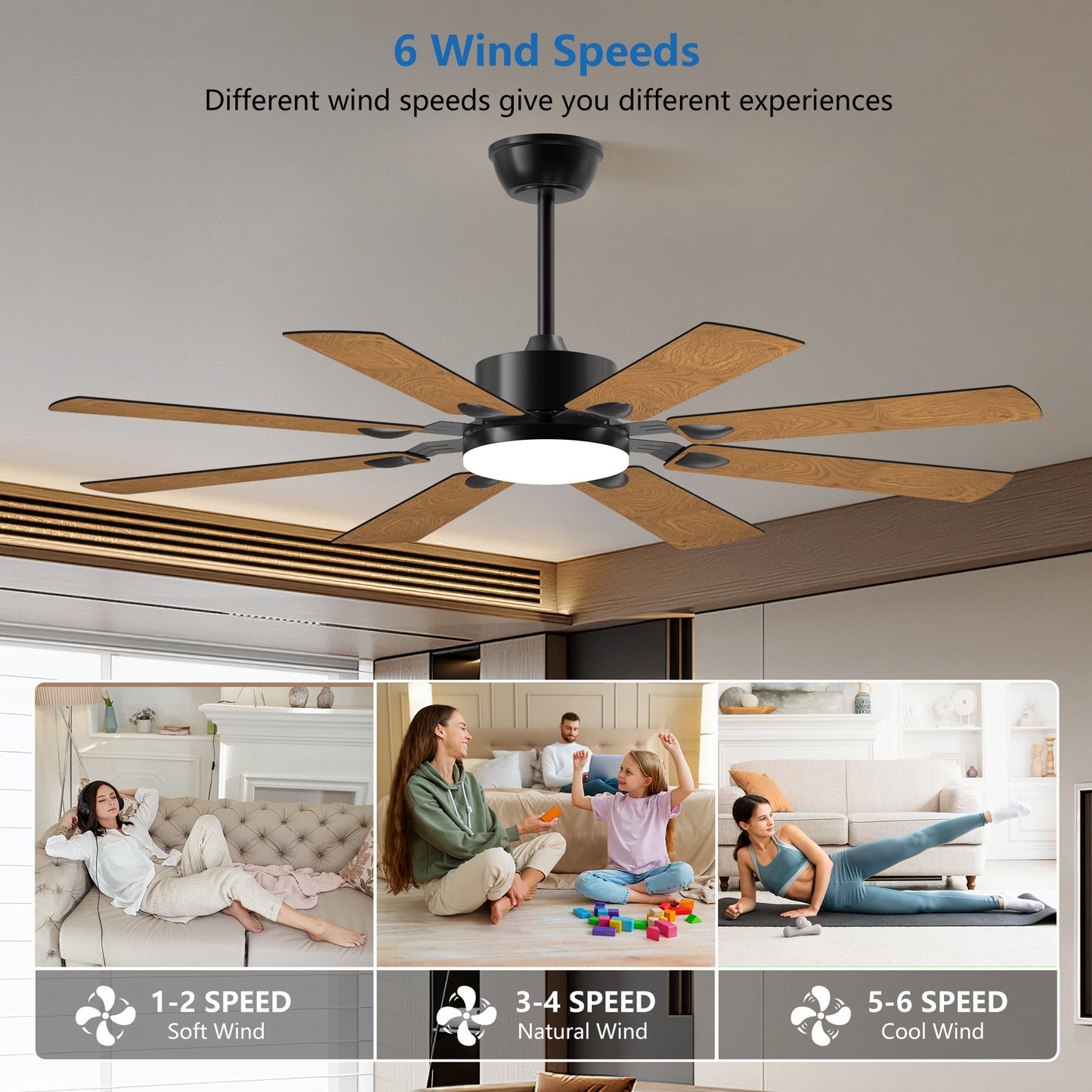 52 Inch Ceiling Fan With Lights And Remote Control, 8 Plywood Blades, 6-Speed Noiseless Reversible DC Motor, 3CCT, Windmill Ceiling Fan For Kitchen Bedroom Living Room, Black
