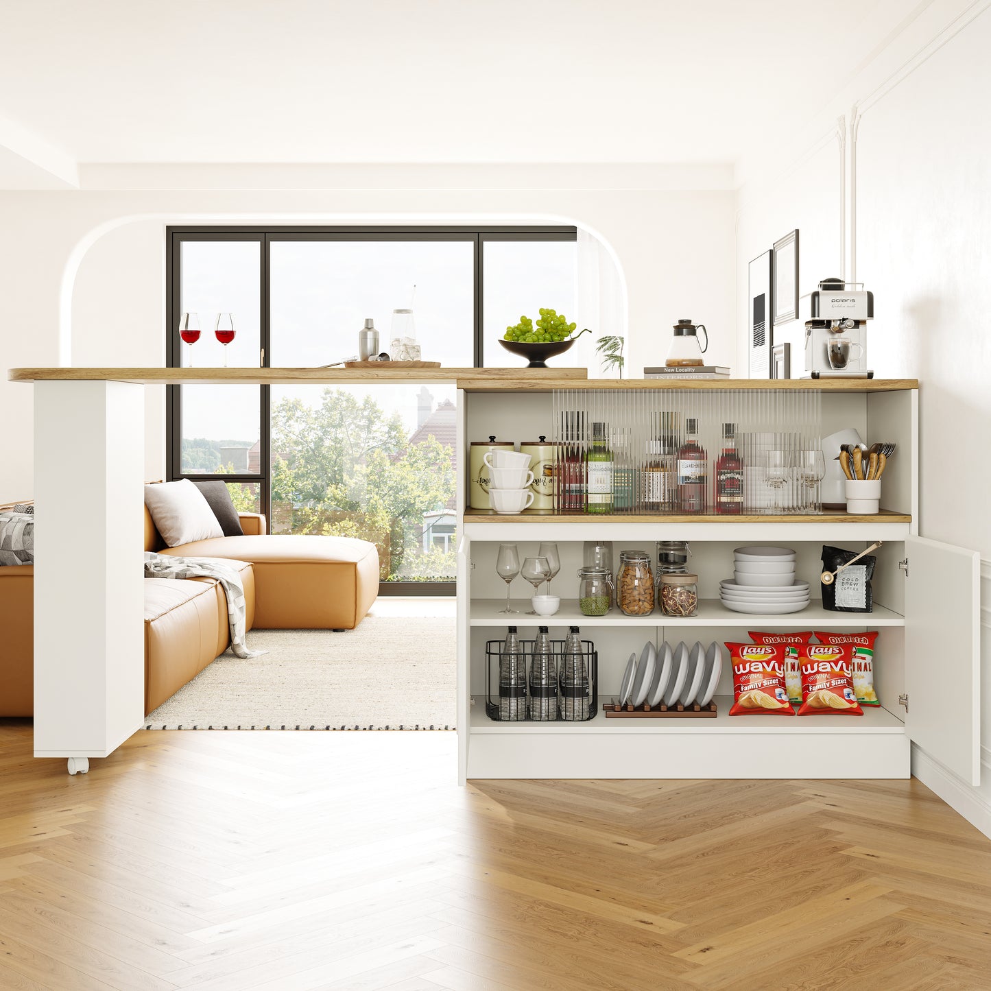 N620P20771617W 360 Rotatable Edible Bar  Main Body 90 X 45 X 100 Cm , Modern, Simple, Multifunctional, Swivel Sideboard With Shelves And Glass, Suitable For Kitchens And Restaurants