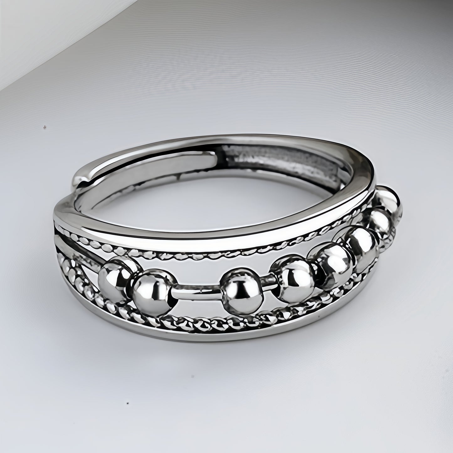 Moving Bead Fidget Spinner Open Adjustable Ring For Men Women, Copper Plated Silver Multi-Band Stress Relief Minimalist Stackable Daily Jewelry Gift