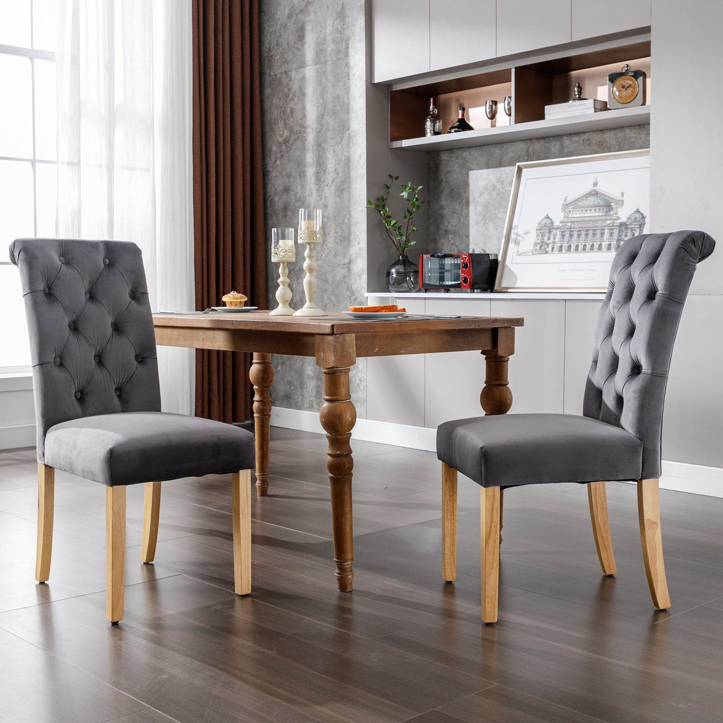 Velvet Dining Chairs Set Of 2 With Oak Legs, Knob, Chrome Knocker Bedroom Chair Kitchen Chair Living Room Lounge Leisure Chair, Gray