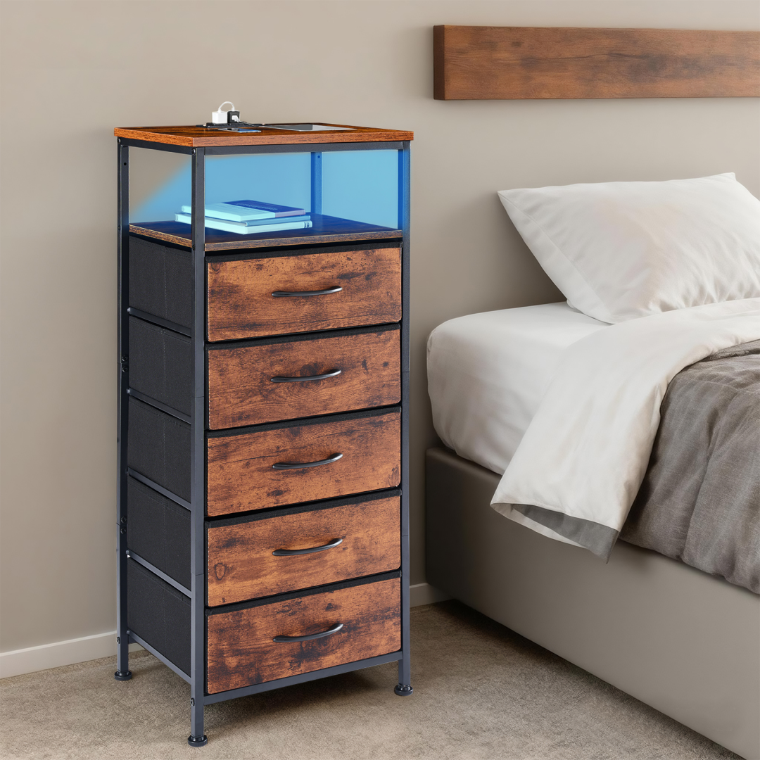 Nightstand With Charging Station, Bedside End Table With 5 Fabric Drawers & USB-Type-C Ports And Outlets