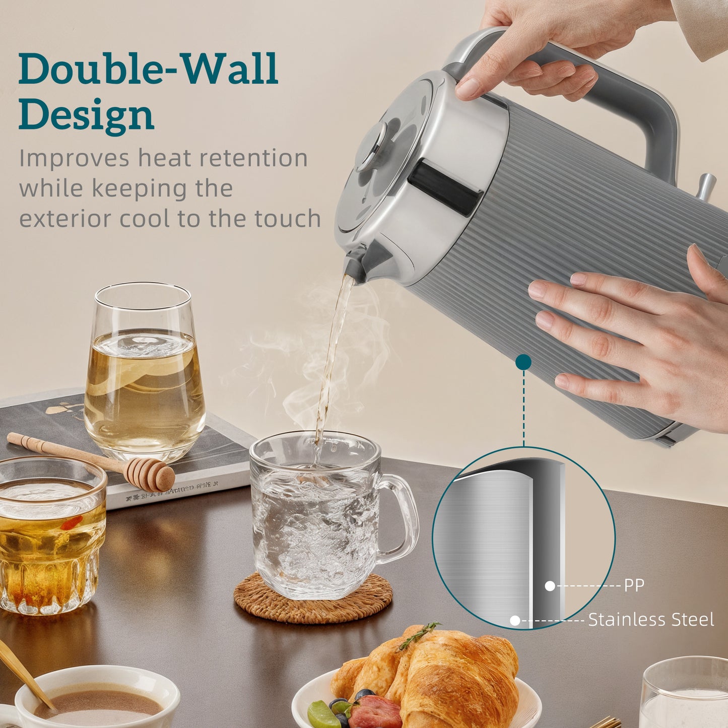 Electric Stainless Steel Kettle And Toaster Set, 3000W 1.7L UK Strix Thermostat Fast Boil Kettle W/ Limescale Filter, Cool Touch Body, 4 Slice Toaster With 7 Browning Levels, Crumb Tray, Grey