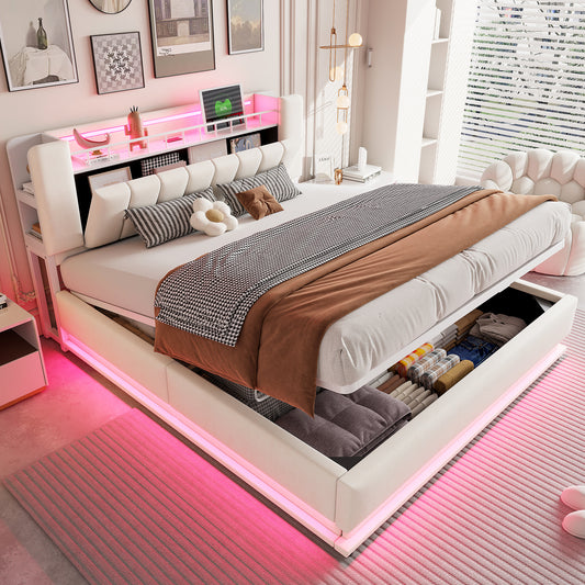 Smart Upholstered Bed 180 X 200 Cm With LED Lighting, USB And Hydraulic Storage, Soft Velvet Cover And Metal Frame, Beige