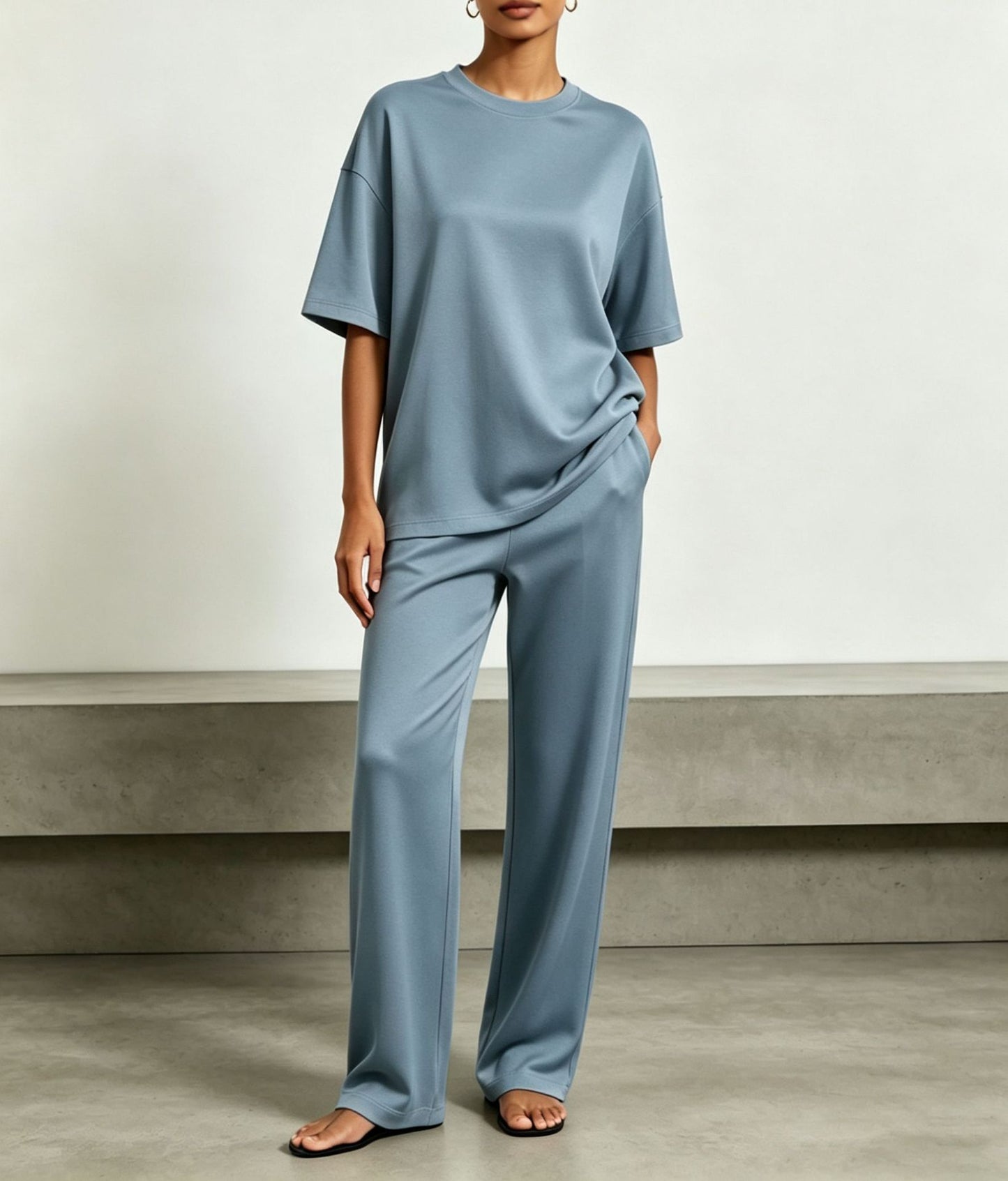 SpringSummer New Arrival Draped Solid-Color Slimming Wide-Leg Pants Set