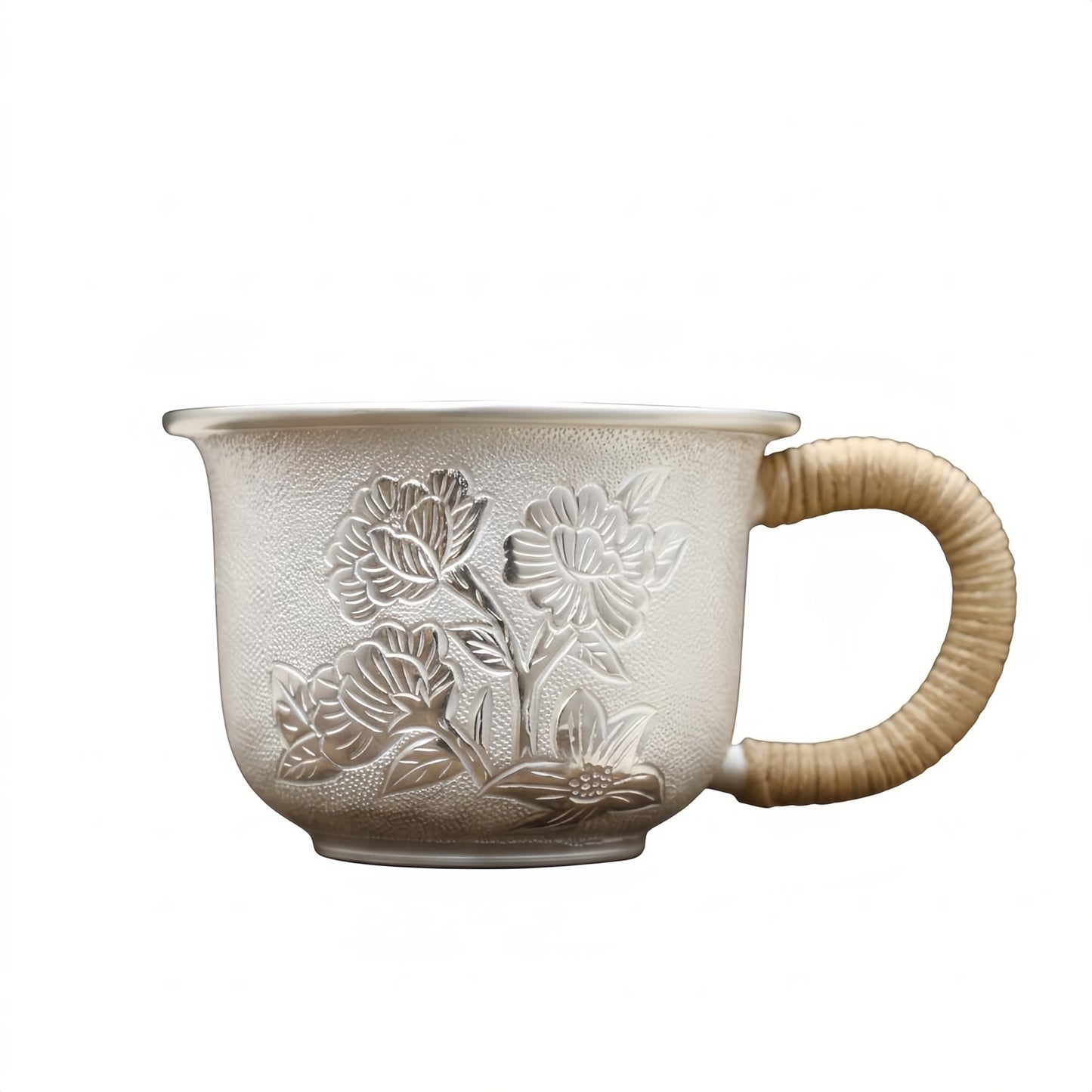 Pure 999 Fine Silver Elegant Silver Floral Relief Tea Cup with Artisan Woven Handle - Handicraft