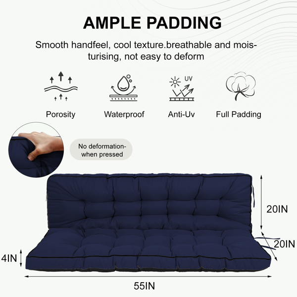 Outdoor Swing Cushions 55 Inch,Waterproof 4in  Thick Porch Swing Cushion Replacement With Backrest And Ties,Comfortable 2-3 Seat Pation Swing Pad For Backyard,Garden,Lawn,Outdoor Furniture Dark Blue