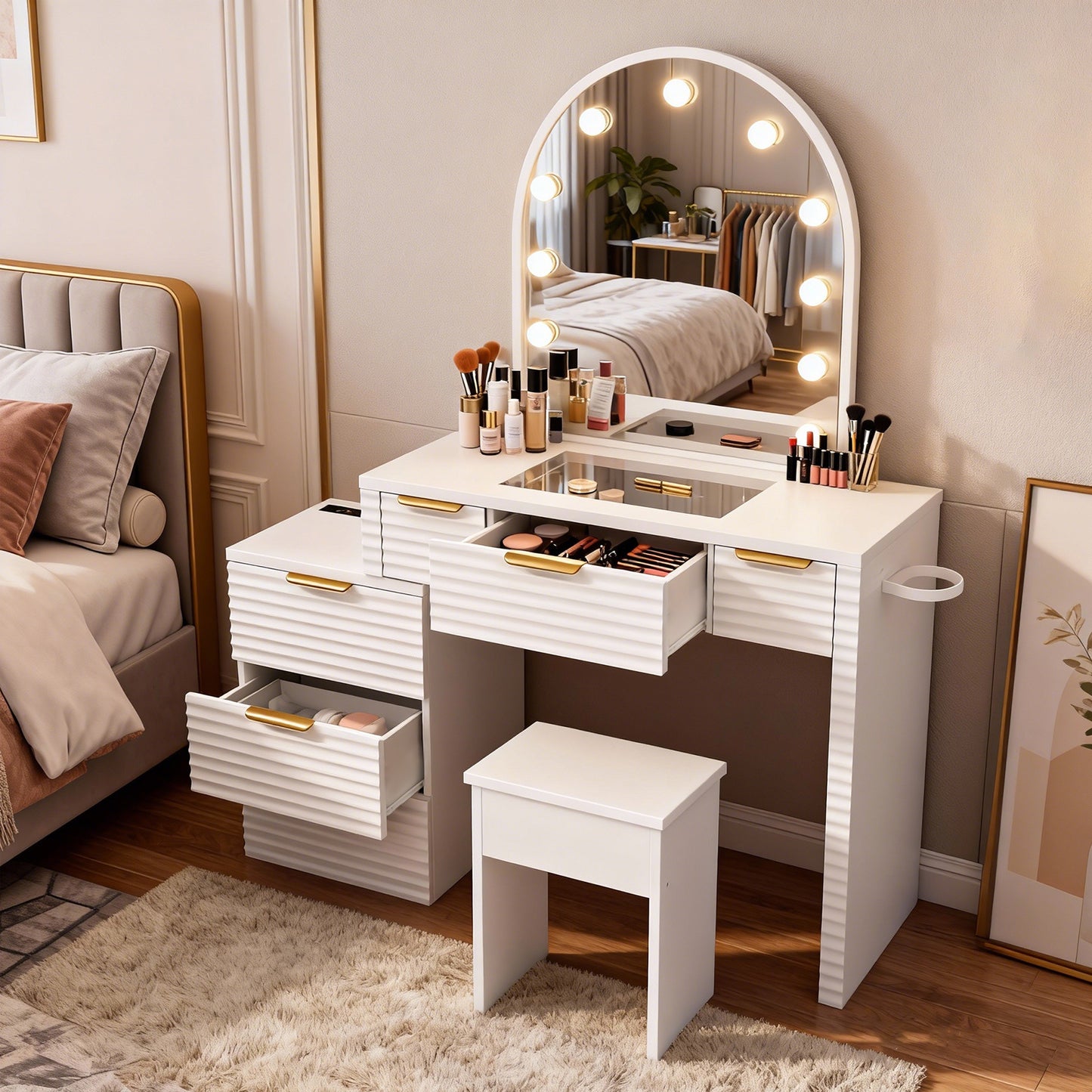 Makeup Vanity Desk With Mirror Lights Glass Tabletop 3 Lighting Modes Adjustable Vanity Table Modern Makeup Desk With Chair Power Outlet And 6 Drawers For Bedroom