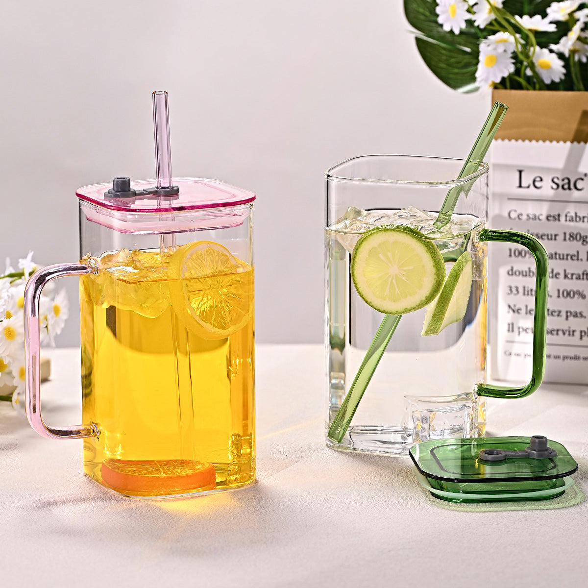 1 Pcs Blue Glass Straw Cup, 4 Colors Square Glass Cup With Straw And Lid, High Borosilicate Glass Cup, Milk Cup, Juice Cup, Cold Drink Cup, Coffee Cup, Tea Cup, Office Cup, Gift Cup