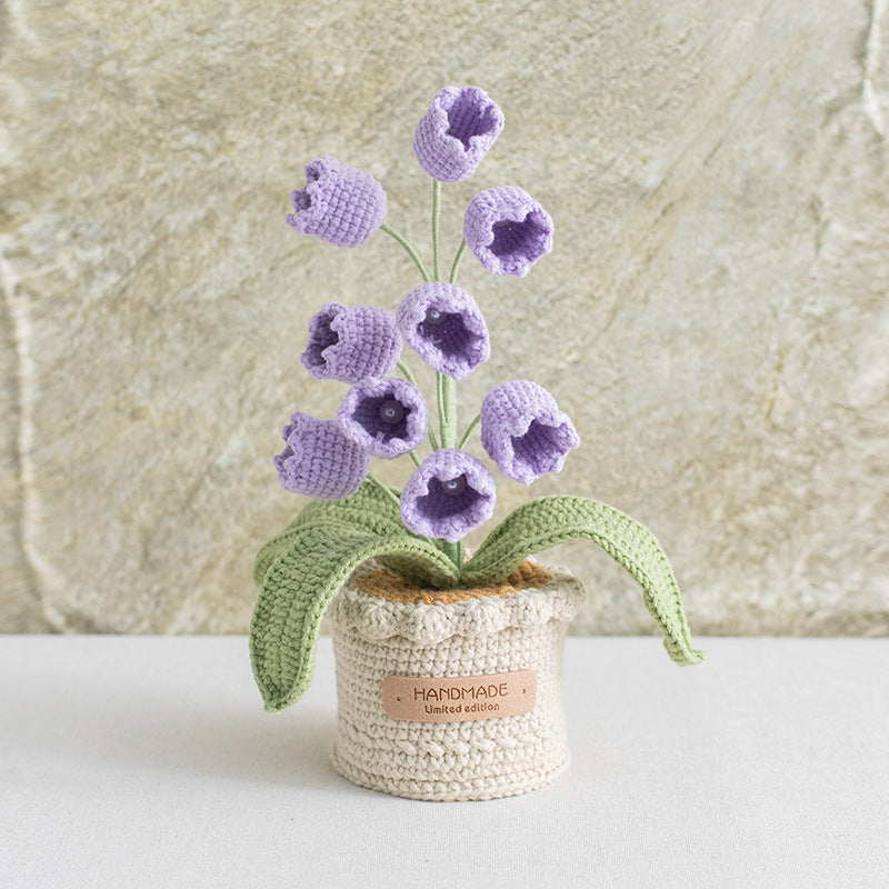 Hand Crocheted Lily Of The Valley Artificial Flowers  Potted Arrangement Decor For Indoor Table Living Room Bedroom