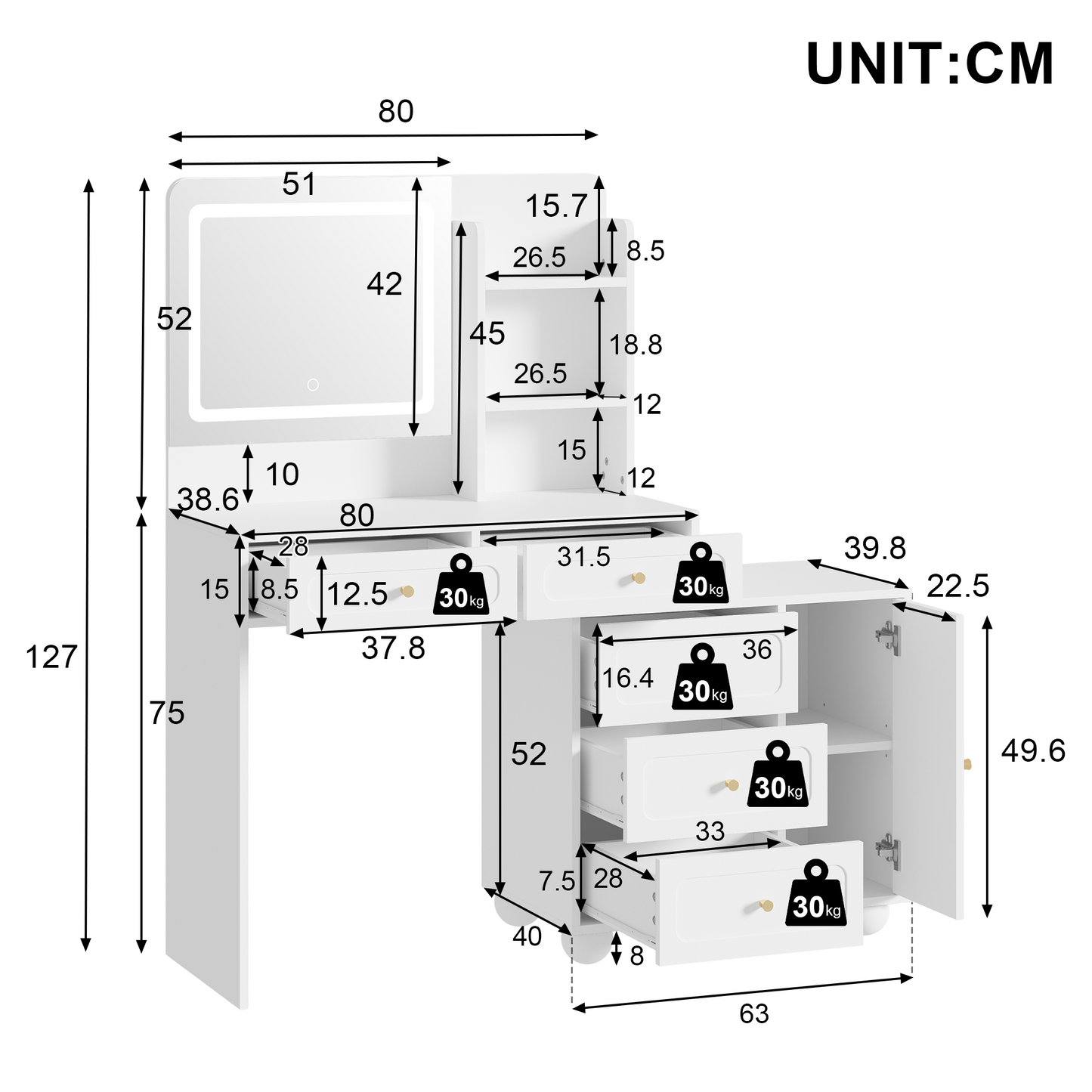 Large Dressing Table With Adjustable LED Lighting And Mirror, 5 Drawers, 1 Door And 3 Storage Compartments, White, 80x39.8x127cm