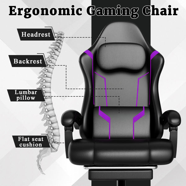 Ergonomic Gaming Chair, Video Game Chair With Pocket Spring Cushion And Footrest, Height Adjustable Computer Chair With Swivel Seat And Headrest  Faux Leather, Purple