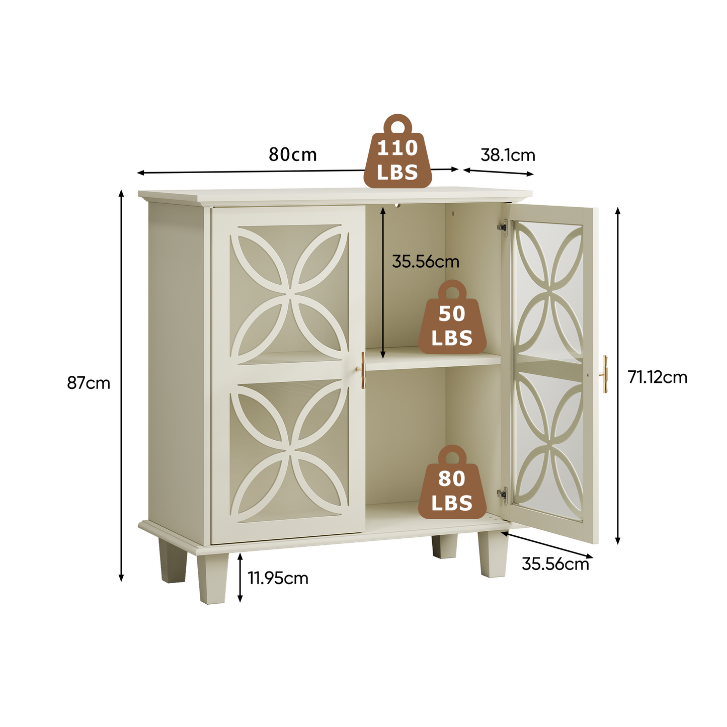 Sideboard With Adjustable Shelves, Freestanding Bathroom Cabinet With Hard Glass Doors, Modern Retro Kitchen Console Table, Decorative Storage Cabinet With Two Doors, Cream