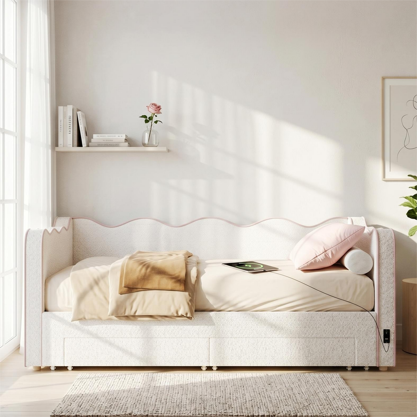 Daybed Sofa Bed With Pull-Out Trundle, Upholstered Single Bed 90 X 190 Cm Extends To 180 Cm, With 2 Storage Drawers, USB Charging Port & Padded Side Panels, Boucle, Beige