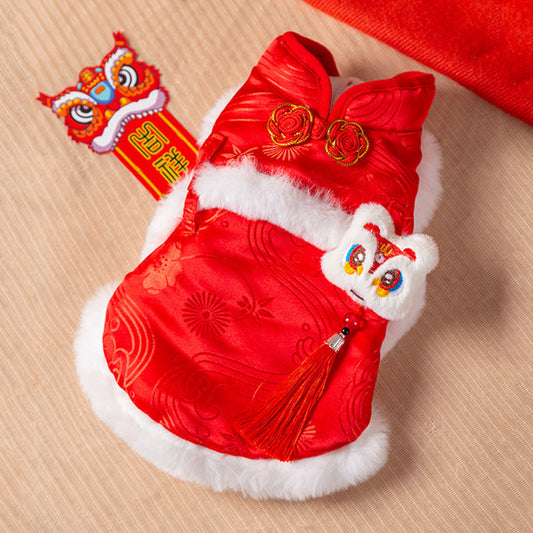 Autumn And Winter Dog, Lion Dance, Tassel, Button-up, Chinese Two-legged Tang Suit, Cat, Warm New Year Cotton-padded Clothes, Pet Dog Clothes