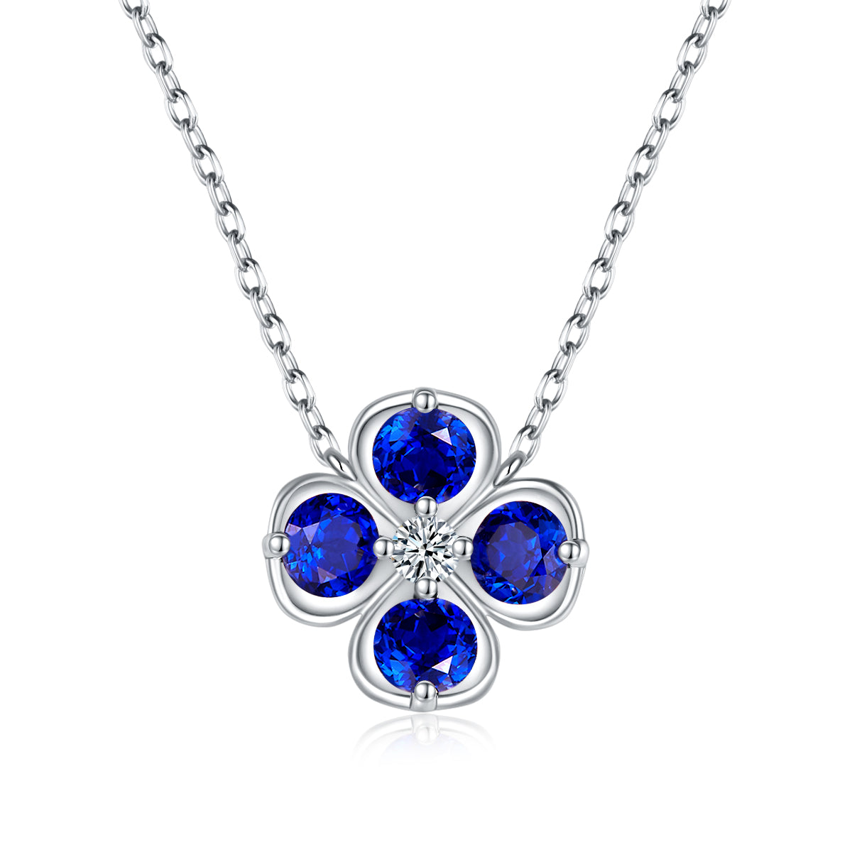 S925 Sterling Silver Clover Necklace, 2.6ct Lab-Grown Ruby Sapphire Emerald Padparadscha, Platinum Plated 45cm, 4.3g Gift Box