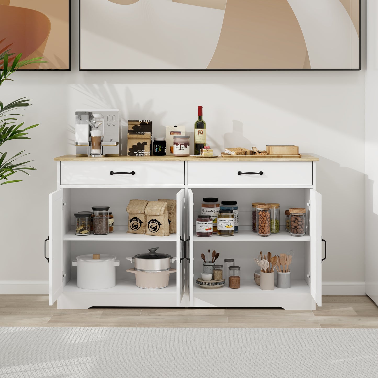55.91 Large Farmhouse Buffet Cabinet Storage Sideboard With 2 Drawers And 4 Doors For Dining Living Room Kitchen Cupboard-White