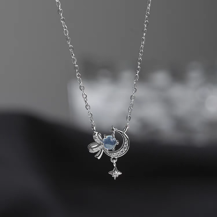 1pc 999 Sterling Silver Diamond Moon Star Bow Pendant Necklace, Delicate Sweet Style, Perfect For Daily Wear & Valentine's Gifts