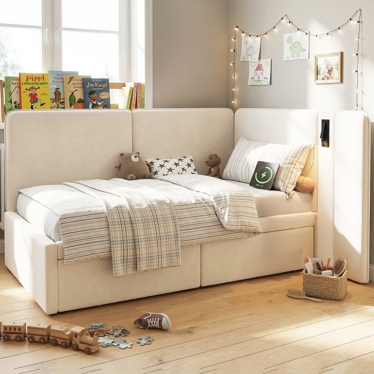 Daybed 90x200 Cm With 2 Drawers, Upholstered Bed, Daybed, Sofa Bed With USB Charging Port And Reading Lamp, Velvet, Beige