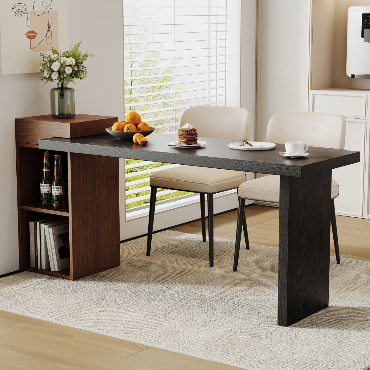 Modern Two-Tone Sofa Side Table - Black Wood Grain & Walnut Wood Grain MDF Multipurpose Entryway Console Table With 2-Tier Open Storage Shelves For Living Room, Hallway, Bedroom