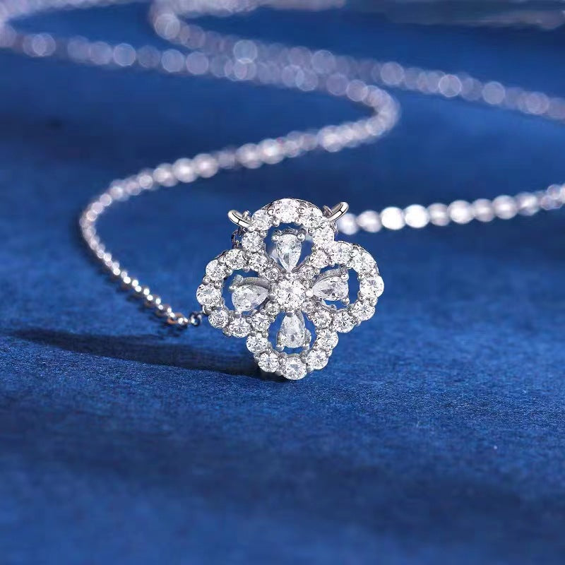 S925 Sterling Silver Four-Leaf Clover Pendant Necklace For Women, Korean Style Full Paved Zircon Clavicle Chain, Luxury Unique Jewelry