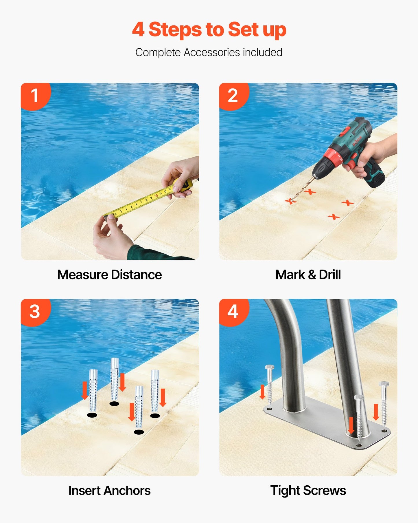 Pool Rail, 31 X 22 Inch Pool Handrail, 220 Lbs Load Capacity Heavy Duty 304 Stainless Steel Swimming Handrail, Detachable Nonslip Sleeve, Rich Accessories, For Poolside, Water Parks， Spa Centers