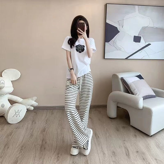 New Korean-style Casual Camellia-print Pure Cotton Short-sleeve T-shirt Set