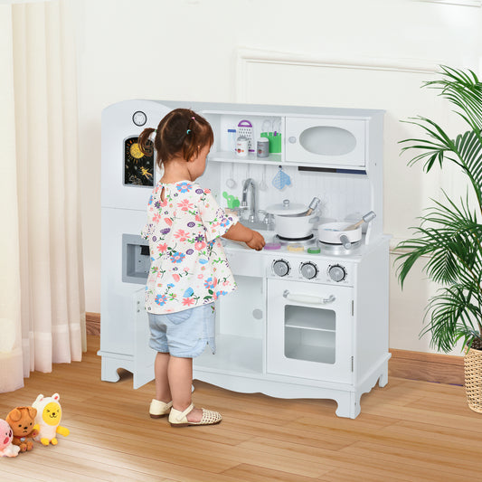Kids Kitchen Playset with Telephone, Wooden Kitchenette for kids with Cookware, Storage Cabinet, Water Dispenser, Blackboard, Toddler Pretend Play Kitchen with Cooking Accessories for Aged 3+