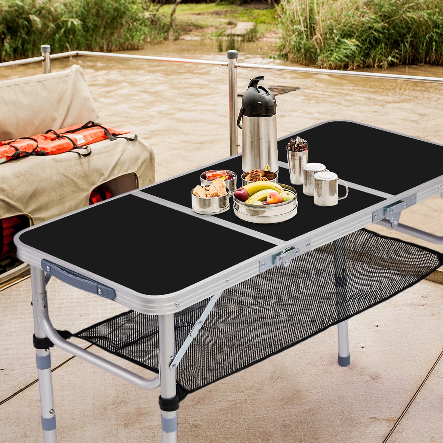 3ft Adjustable Height Foldable Camping Table With Storage Mesh, Lightweight Portable Outdoor Picnic BBQ Side Desk