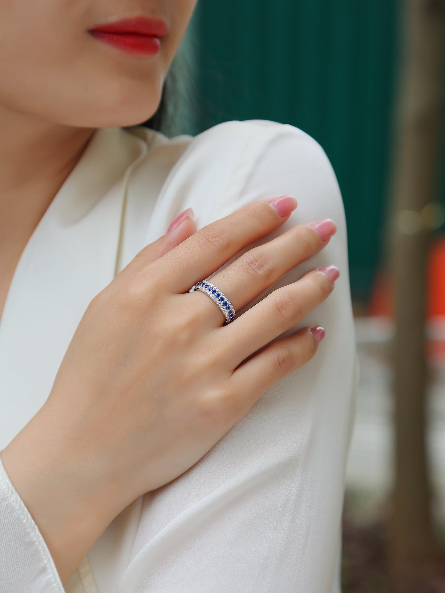 3.6g S925 Sterling Silver 3 Row Eternity Ring  Synthetic Blue Sapphire & White Stones Band, Platinum Plated Promise Ring For Women, Jewelry Gift Box Set