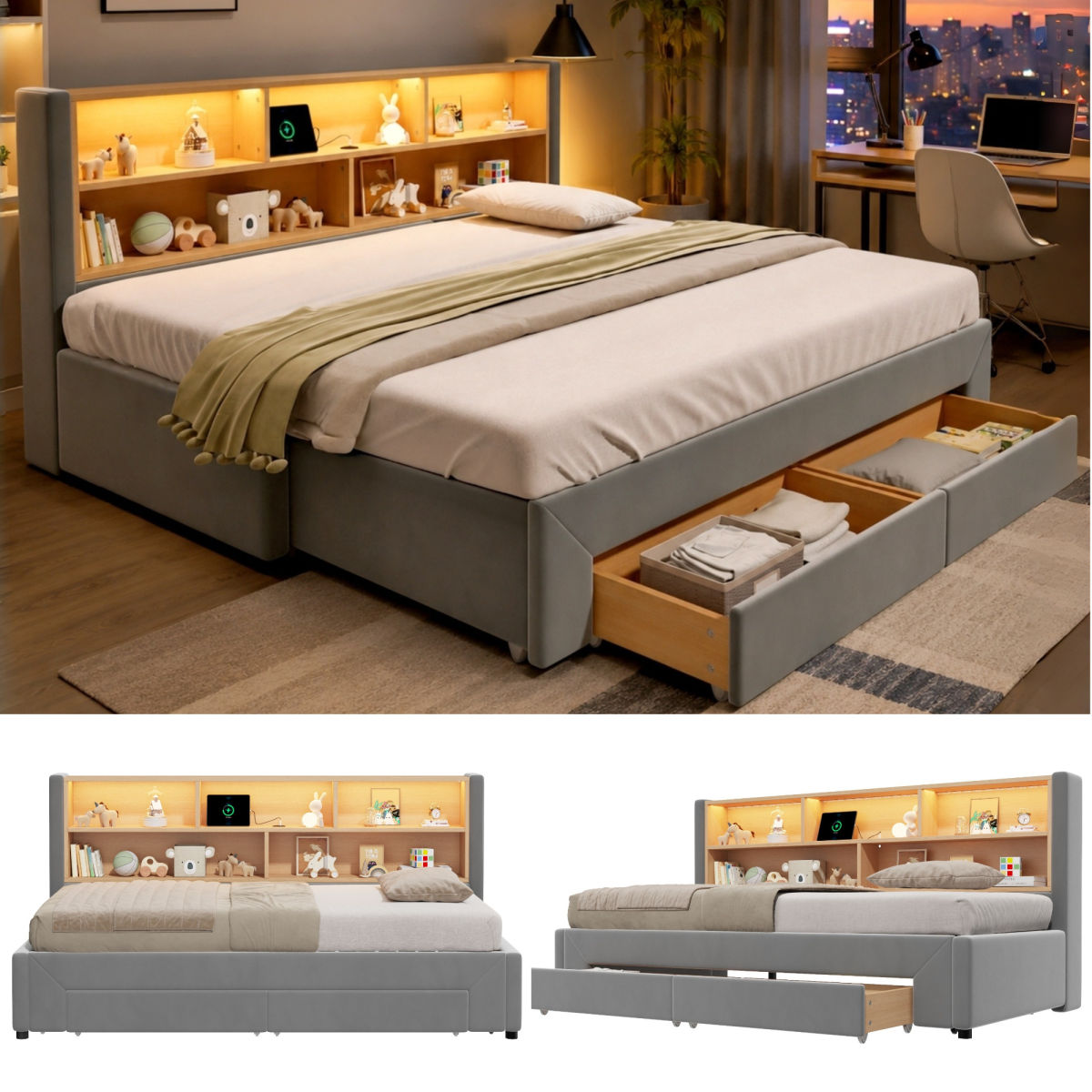 3FT Single Extendable Sofa Bed Frame 90 X 190 Cm, Convertible Pull-Out Guest Bed Extends To 180 Cm,  Daybed With LED Storage And Charging Headboard & 2 Underbed Drawers, Grey, Velvet