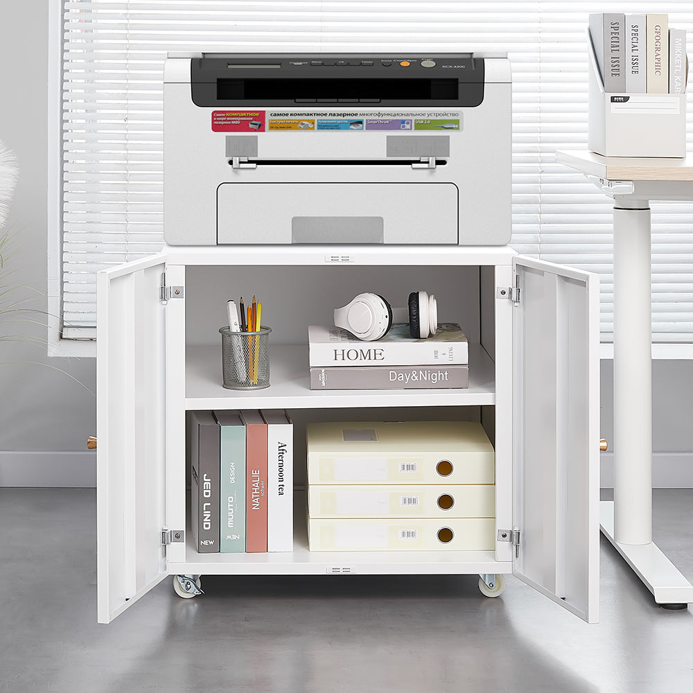 White Metal Mobile Printer Cabinet With Door And Adjustable Shelf, Rolling File Cabinet For Home Office & Small Spaces