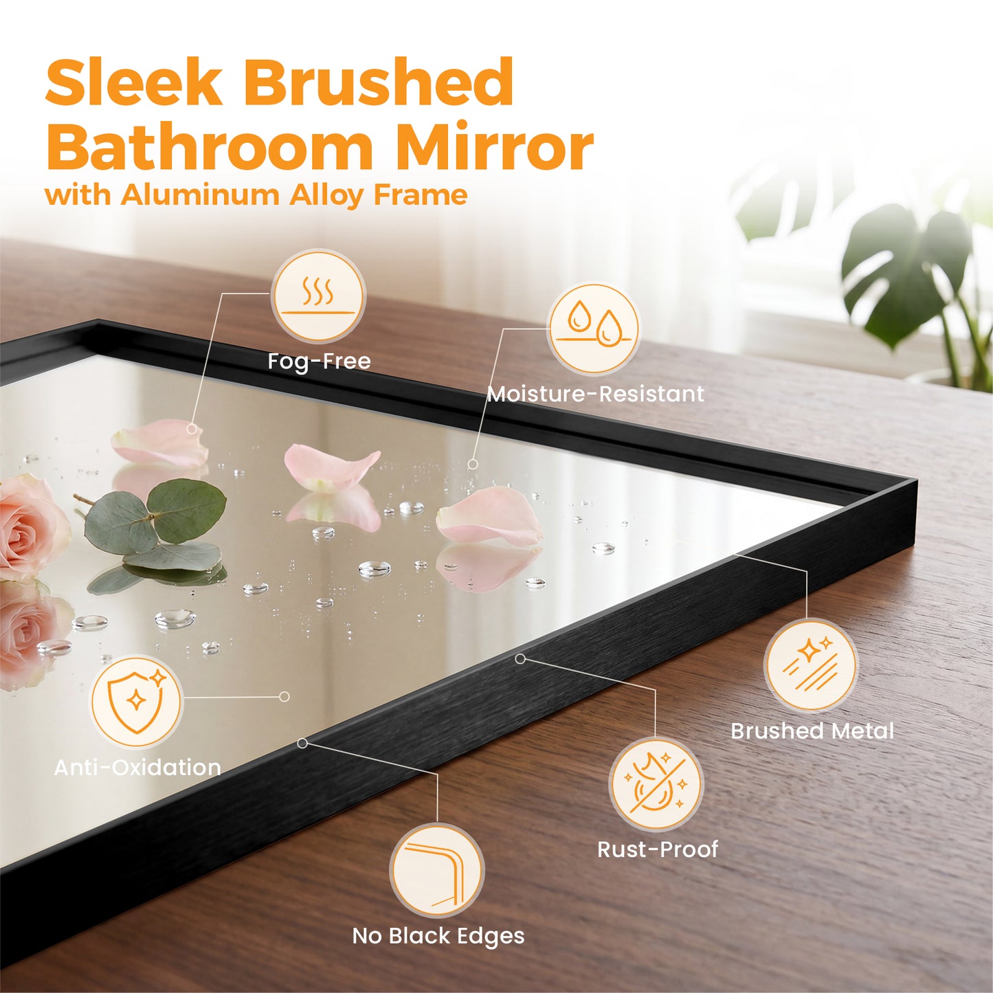 Bathroom Mirror, With Brushed Aluminum Frame, Rectangular Design, Square Corners At All Four Sides, Suitable For Wall Decoration In Home.