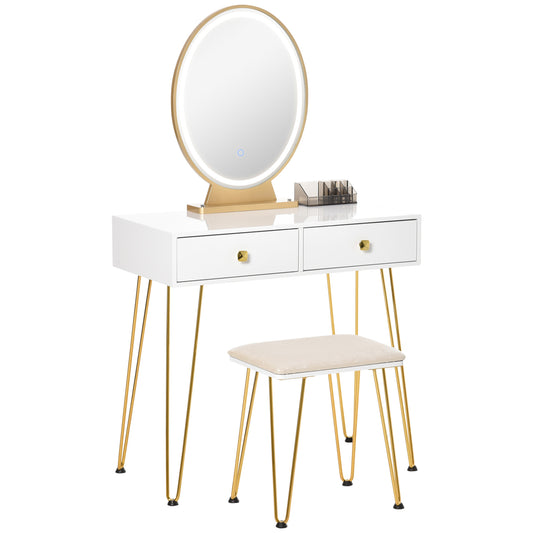 Dressing Table With LED Mirror And Cushioned Stool, Vanity Desk With Acrylic Lipstick Holder And 2 Drawers, Makeup Table For Bedroom, White